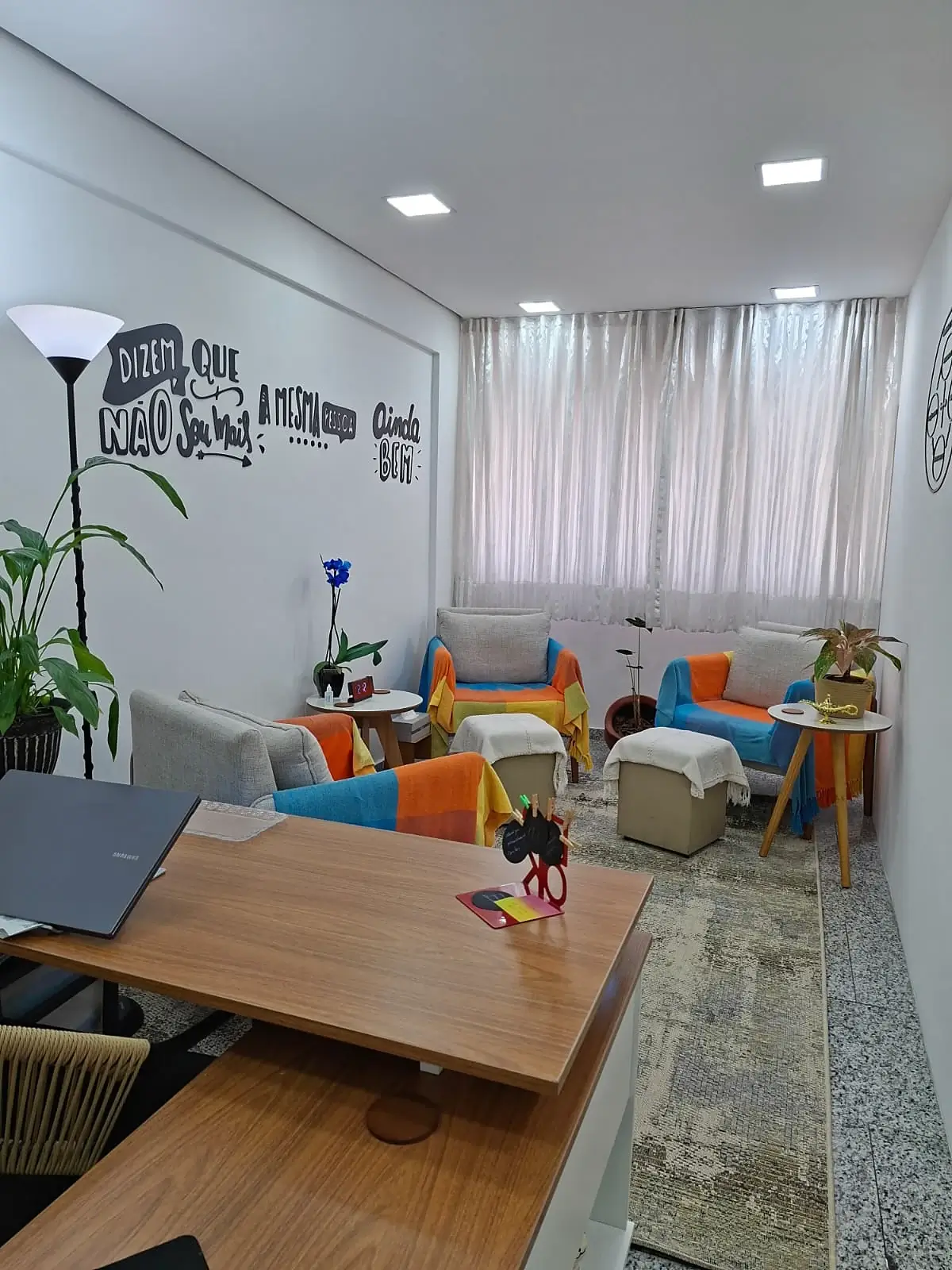 Visão geral do consultório com poltronas, plantas e mesa de trabalho
